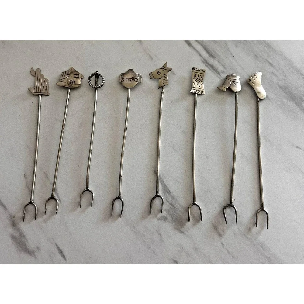 Vintage TAXCO Silver Olive Picks Forks Set of 8 Bar Ware Appetizers Mexico HHH
